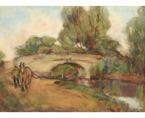 Frederick (Fred) William Mayor IS (1865-1916)  Figure and horse before a bridge  Initialled, mixed media, 24cm by 32.5cm  Exh