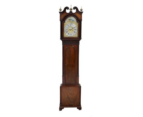 A Mahogany Eight Day Longcase Clock, swan neck pediment, trunk with blind fret work borders, nicely figured trunk door, 13-in