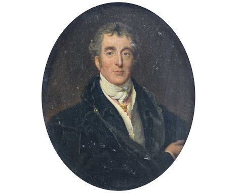 After Sir Thomas Lawrence PRA FRS (1769-1830)Portrait of the Duke of Wellington, half lengthOil on panel, 21cm dia. (oval)