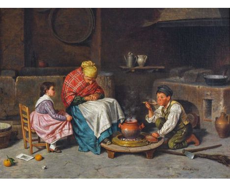 Federico Mazzotta (1839-1897) ItalianAn interior with two children and their sleeping grandmotherSigned, oil on canvas, 35.5c