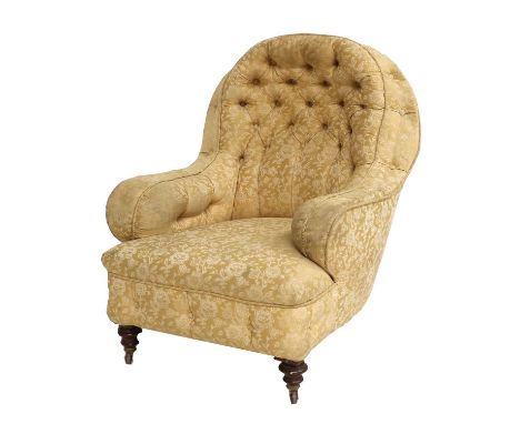 Cornelius V Smith: A Victorian Walnut-Framed Button-Back Armchair, late 19th century, recovered in yellow and floral damask, 