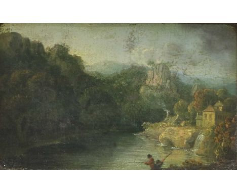 Circle of Richard Wilson (1714-1782) Anglers on a riverOil on panel, 9cm by 15cm