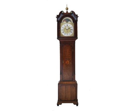 An Oak Chiming Longcase Clock, swan neck pediment, gilt painted front glass panels, crossbanded trunk door with an inlaid cen