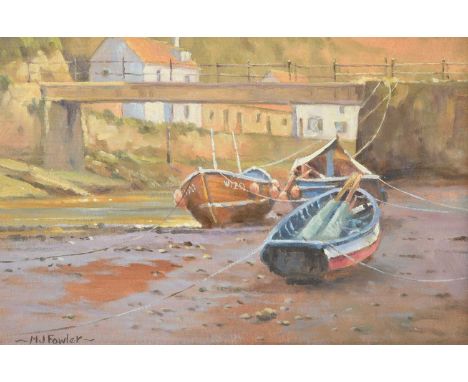 M J Fowler (20th century)  “Early Morning Light, Staithes” Signed, inscribed verso, oil on canvas, together with another exam