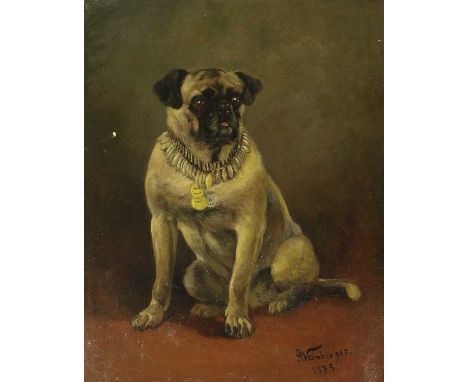 Anton Weinberger (1843-1912) GermanA well behaved PugSigned and dated 1879, oil on canvas, 49cm by 39cm Provenance: Christie'