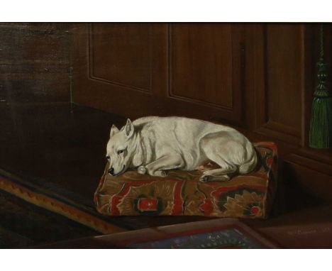 W* H* Chapman (19th Century)White terrier at rest on a cushion Signed and dated 1859, oil on canvas, 24cm by 36cmProvenance: 