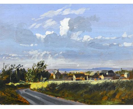 Peter Newcombe (b.1943)"Evening Light in Blisworth"Signed and dated 1988 inscribed verso, oil on board, 16.5cm by 21cm