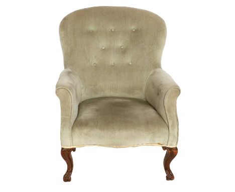 A Victorian Tub-Shaped Armchair, late 19th century, recovered in light green buttoned velvet, with rounded arms and overstuff