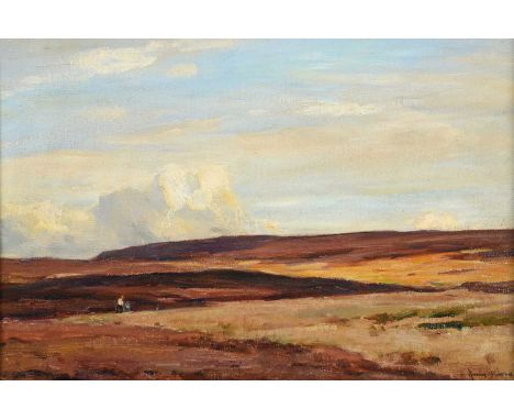 Owen Bowen ROI, PRC am (1873-1967)Figures traversing extensive heather covered moorlandSigned, oil on canvas, 28cm by 41.5cmE