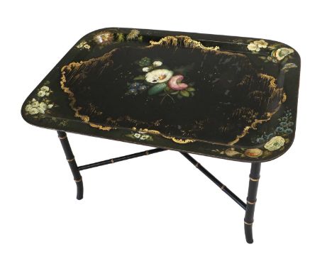 A Victorian Toleware Tray, late 19th century, transfer printed with floral sprays, the gilt scrolling border surrounding a pa