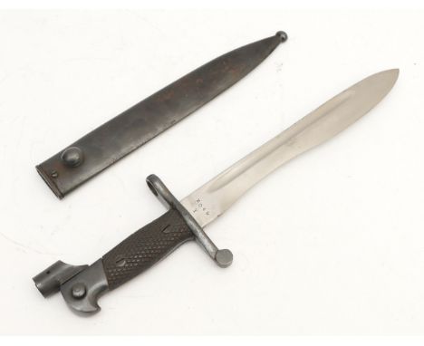WWII Spanish Bolo bayonet, by Toledo, with scabbard, patented '3649 Y' and 'U' on the guard.