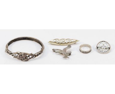 Ola Gorie, three 925 silver brooches, largest 55mm, an Ola Gorie 925 silver hinged Celtic bangle, 60mm, and an Ola Gorie 925 