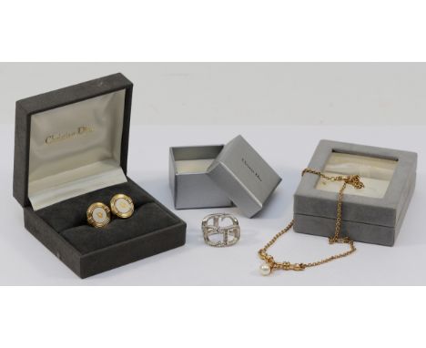 Christian Dior, a pair of Dior logo cuff links, a Christian Dior cultured pearl and gemstone necklace, and a Christian Dior g