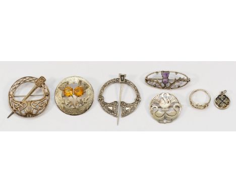 Ola Gorie, a 925 silver Celtic design ring, O, three 925 silver gemset Celtic brooches, largest 40mm, a sterling silver swan 