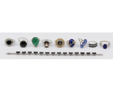 Nine 925 silver gemset rings, M-U, with a 925 silver gemset bracelet, 18cm, 75g