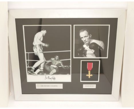 Champions Of Sport Memorabilia; Sir Henry Cooper signed framed montage, including replica OBE presented 1969, certificate of 