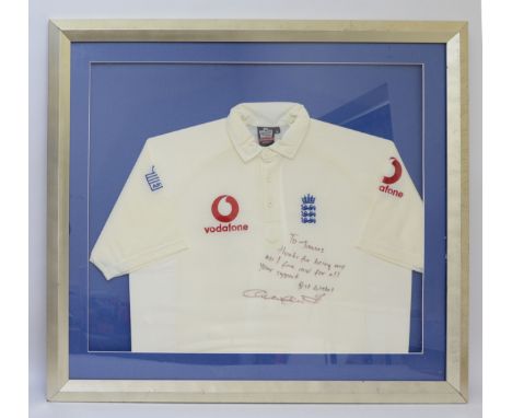 A framed England Cricket Test team shirt endorsed and  signed by Andrew 'Freddie' Flintoff 100cm x 91cm, a framed Sir Ian Bot