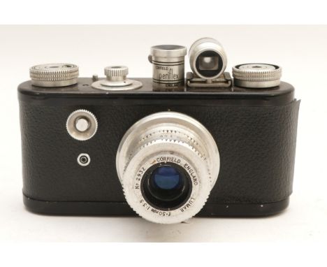 A Corfield Periflex camera, with a Lumar f/3.5 50mm lens, in leather travel case.