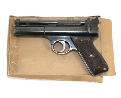 Webley And Scott Ltd England; A Webley air pistol 'Senior' model .22 cal, barrel numbered 702, with tin of pellets.
