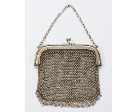 A silver mesh purse, unmarked, with chain handle, 11x10cm, 96gm.