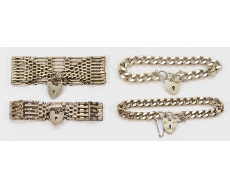 Two 925 silver gate panel bracelets with heart shaped padlock clasps, together with two 925 silver curb link bracelets with h