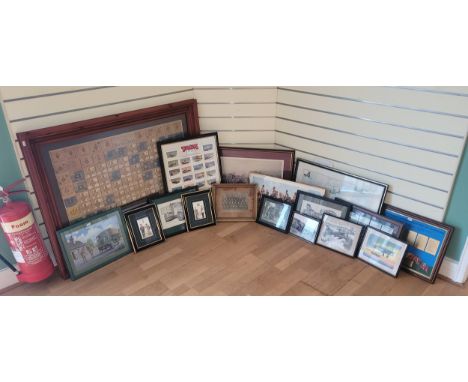 A collection of eighteen framed prints, photographs and cigarette cards such as the 'Colours Of The British Army', 18 x 86cm 