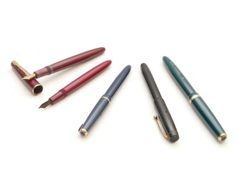 Parker, a green Maxim fountain pen with 14k gold nib, a blue Slimfold with 14k nib, a red Slimfold with 14k nib and no cap an