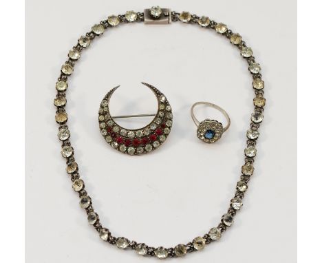 A 925 silver paste necklace, Birmingham 1892, a 925 silver gemset ring, N, with an unmarked silver gemset crescent moon brooc