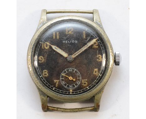Helios, a German WWII stainless steel manual wind wristwatch, signed black dial with subsidiary seconds dial, the case stampe