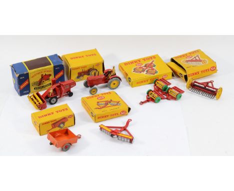 Dinky Toys England; Comprising five boxed diecast models, including 324 Hay Rake, 323 Triple Gang Mower, 300 Massey - Harris 
