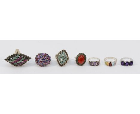 Five 925 silver gemset rings, J-Q, with two silver gemset rings, I-K, 44g