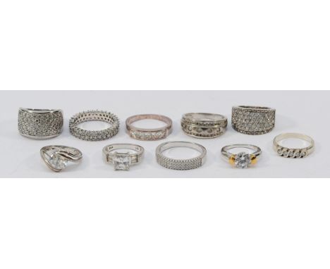 Ten 925 silver and cubic zirconia rings, K-V, 50g