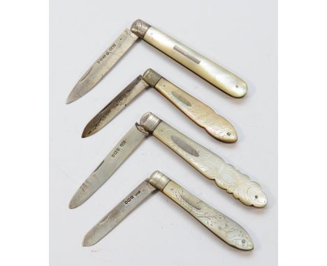 Four silver and mother of pearl fruit knifes, Sheffield 1921, 1919, 1879, Birmingham 1875. (4)