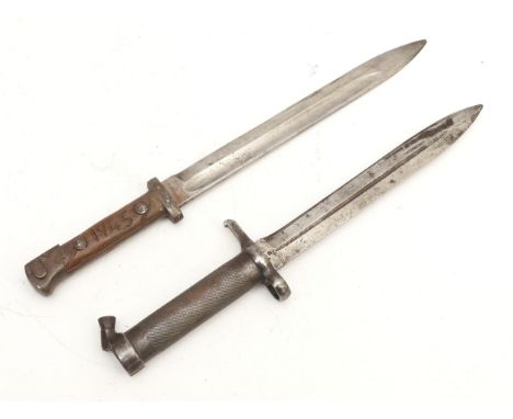 WWII period German bayonet, marked 'A' on the blade, with '1945' and the swastika carved into the handle, with metal scabbard