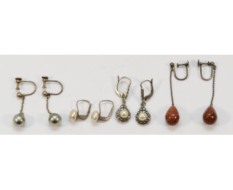 A pair of 830 silver goldstone screw back earrings, with three pairs of unmarked silver cultured pearl earrings, 12g