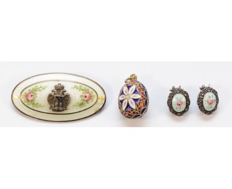 A sterling silver and enamel Masonic 33rd Degree brooch, 45mm, with a pair of silver enamel and marcasite clip on earrings, a