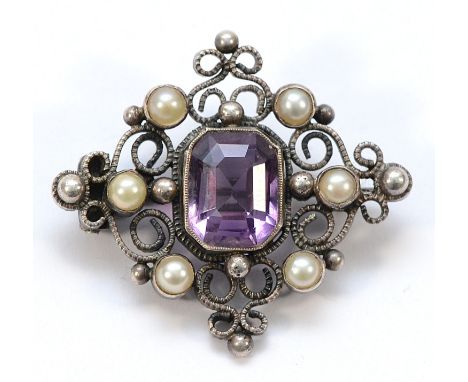 An unmarked Scandinavian silver amethyst and seed pearl brooch, 35mm, 7g