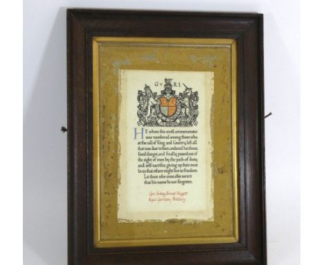 WWI framed memorial print, presented to 37496 GNR. Sidney Earnest Huggett. 48th Royal Garrison Artillery.Perished 26th of Aug