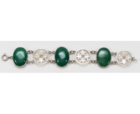 Malcolm Gray, a 925 silver mounted chyrsoprase panel bracelet, 19cm, 39g