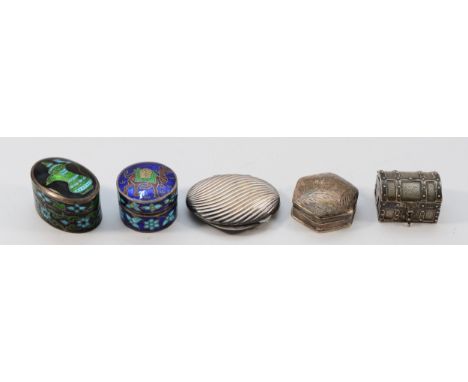 Two 925 silver and enamel pill boxes, together with three other 925 silver pill boxes, 82gm. (5)