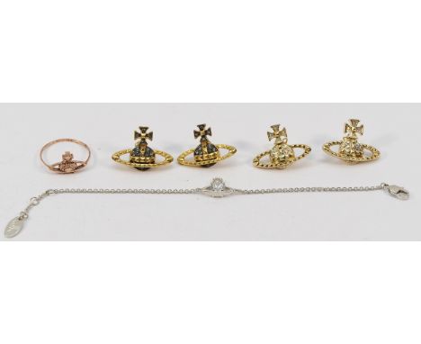 Vivienne Westwood, two pairs of gilt metal gemset earrings with scroll backs, a Vivienne Westwood logo bracelet, 17.5cm, and 