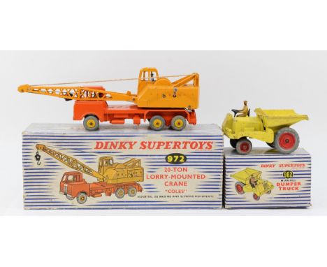 Dinky Super Toys;  972 20-Ton Lorry Mounted "Coles" Crane, having orange cab &amp; chassis, yellow crane, yellow hubs with gr