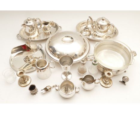 A pair of silver desk candlesticks, Birmingham 1926, loaded, an EPNS owl, an Old Sheffield plate wine funnel and other plated