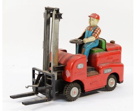 A 1950s Japan tinplate and battery operated model of a Fork Lift Truck, model S-1002, comprising red body, lithographed detai