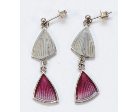 Malcolm Gray, a pair of 925 silver and pink enamel drop earrings with scroll backs, 40mm, 5g