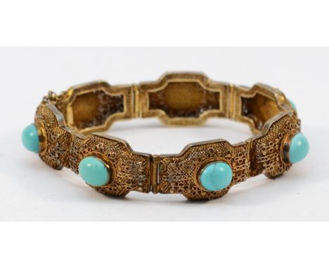 A silver gilt and turquoise filigree panel bracelet, 60mm, 25g