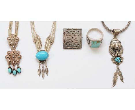 Three 925 silver and turquoise Native American necklaces, a sterling silver turquoise signet ring, Y, and a sterling silver s