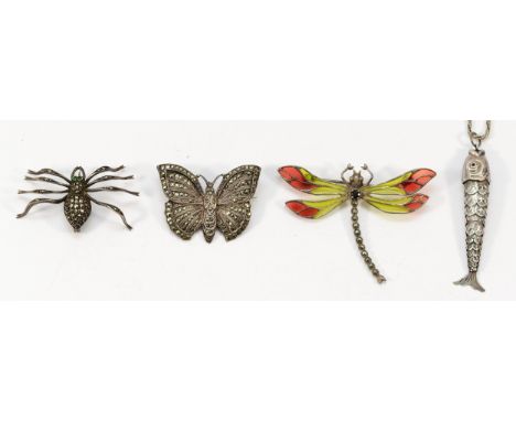 Three 925 silver gemset and marcasite brooches to include a dragonfly and a spider, with a silver articulated fish pendant on