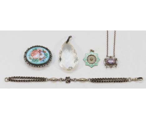 A 925 silver and amethyst necklace, a sterling silver bracelet, 18cm, two unmarked silver, gemset and enamel pendants, with a