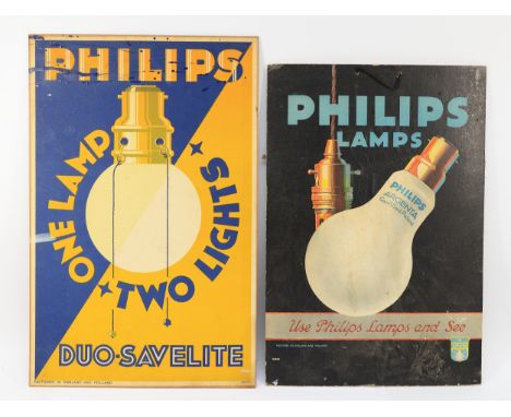 Early 20th century card advertising signs; 'Philips Lamps Use Philips lamps and see' 41x28cm, together with a 'Philips One La